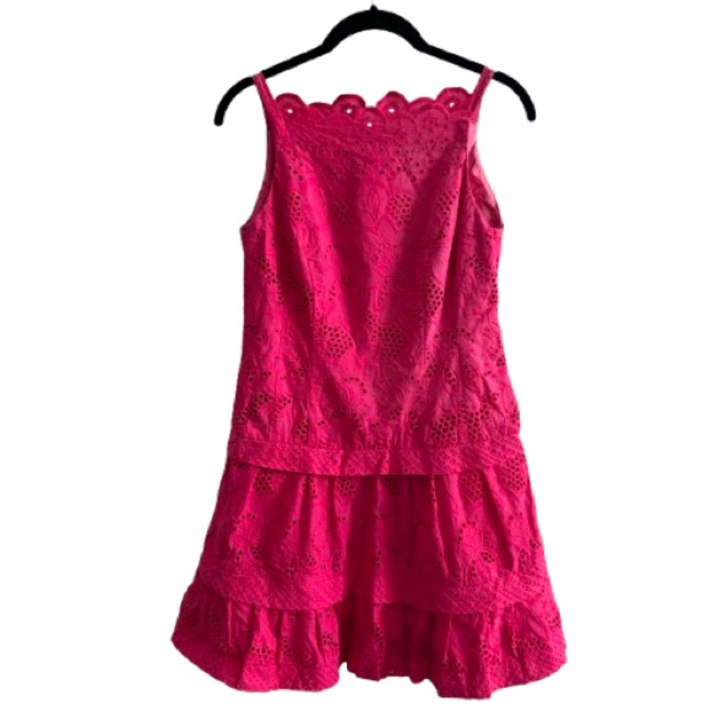 Nanette Lepore Wind Swept Dress in Fiesta Pink Embroidered Eyelet Lined Hot Pink